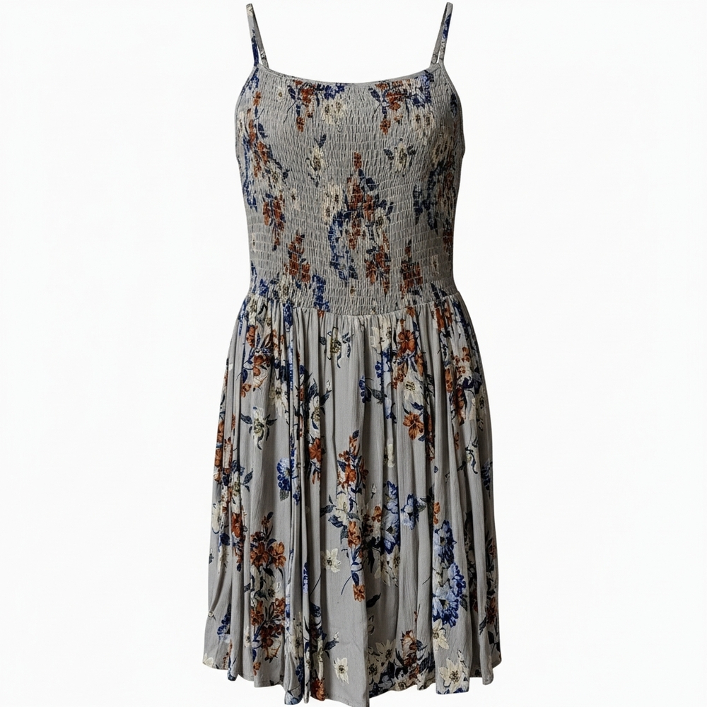 Light Gray Floral Smocked Spaghetti Strap Swimsuit Cover-up Dress